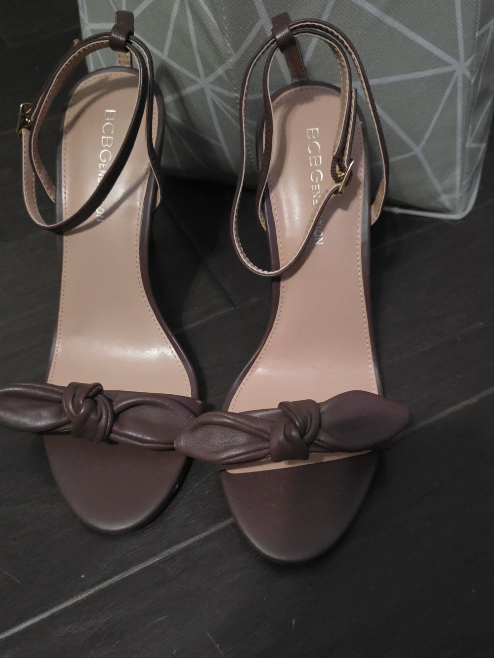 BCBGeneration Dark Brown Knotted Ankle-Strap Heels